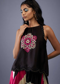 Black Embroidered Scallop Top With Multicoloured Flared Palazzo In Silk