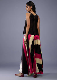 Black Embroidered Scallop Top With Multicoloured Flared Palazzo In Silk