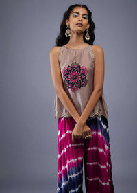 Dusty Pink Embroidered Scallop Top With Rani Pink And Indigo Blue Tie-Dye Flared Palazzo In Silk