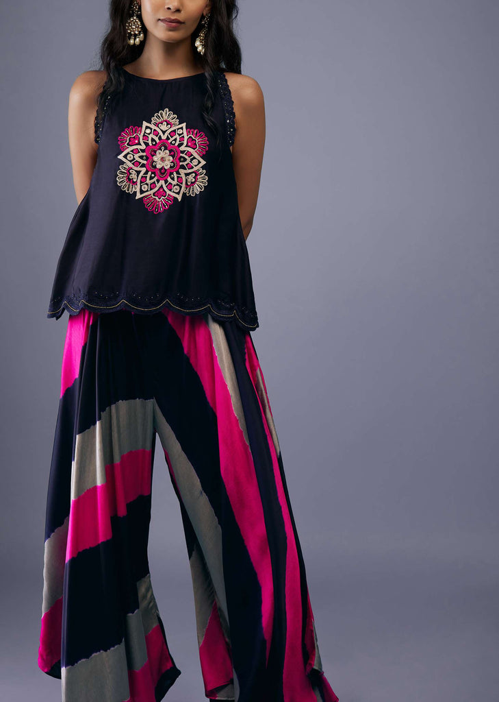 Navy Blue Embroidered Scallop Top With Multicoloured Flared Palazzo In Silk