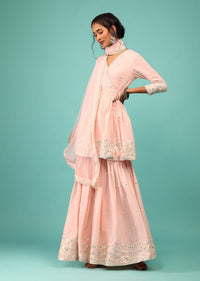 Cotton Candy Pink Sharara Suit Finished With Lucknowi Geometric Embroidered And Peplum Top