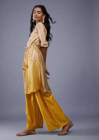 Ombre Shaded Champagne Brown And Cyber Yellow Gajji Silk Bandhani Top With Cotton Silk Palazzo