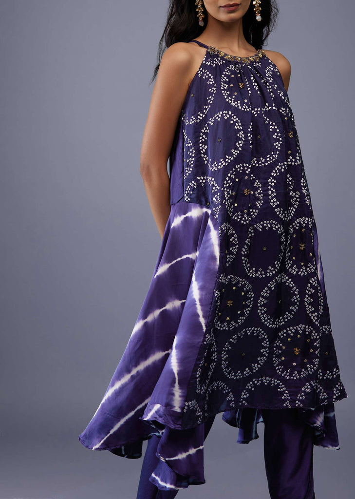 Midnight Blue Silk Bandhani Top With Tie-Dye Side Panel And Silk Dhoti Pants