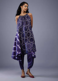 Midnight Blue Silk Bandhani Top With Tie-Dye Side Panel And Silk Dhoti Pants