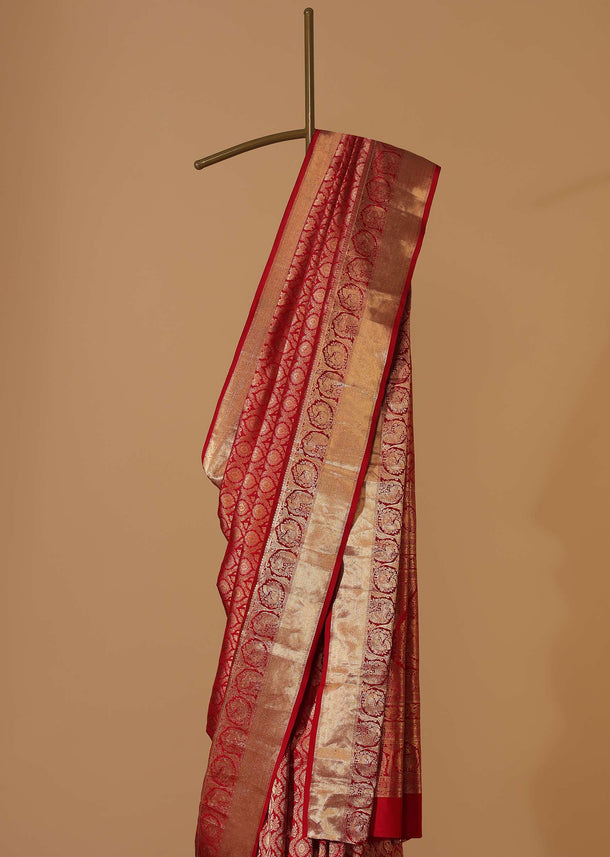 Fiery Red Zari Weave Kanjivaram Saree In Pure Uppada Silk With Unstitched Blouse