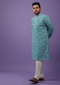 Mint Blue Kurta Set In Silk With Thread Embroidery