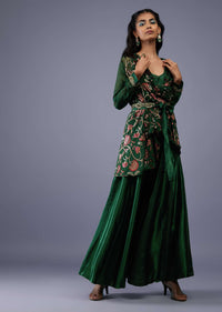 Bottle Green Floral Wrap Top With Embroidered Belt And Gajji Silk Flared Palazzo