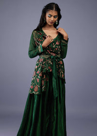 Bottle Green Floral Wrap Top With Embroidered Belt And Gajji Silk Flared Palazzo