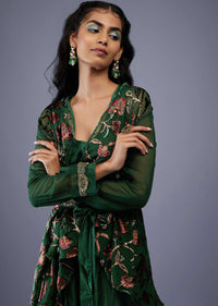 Bottle Green Floral Wrap Top With Embroidered Belt And Gajji Silk Flared Palazzo