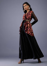 Black Red Floral Wrap Co ord Set With Embroidered Belt