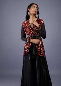 Black Red Floral Wrap Co ord Set With Embroidered Belt