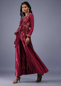 Wine Red Floral Wrap Co ord Set With Embroidered Belt