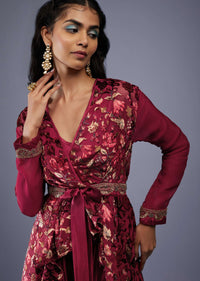 Wine Red Floral Wrap Co ord Set With Embroidered Belt