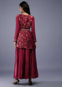 Wine Red Floral Wrap Co ord Set With Embroidered Belt