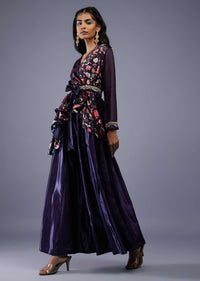 Navy Blue Floral Wrap Top With Embroidered Belt And Gajji Silk Flared Palazzo