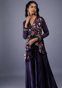 Navy Blue Floral Wrap Top With Embroidered Belt And Gajji Silk Flared Palazzo