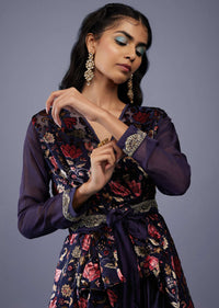 Navy Blue Floral Wrap Top With Embroidered Belt And Gajji Silk Flared Palazzo