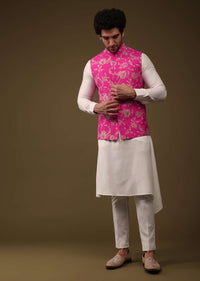 Hot Pink Jacket Kurta Set In Silk With Threadwork And High-Low Kurta