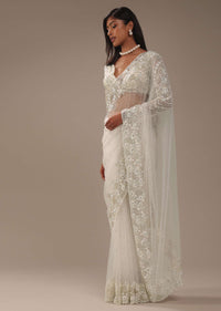 Pearl White Heavily Embroidered Net Saree