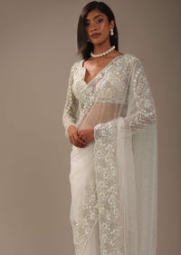 Pearl White Heavily Embroidered Net Saree