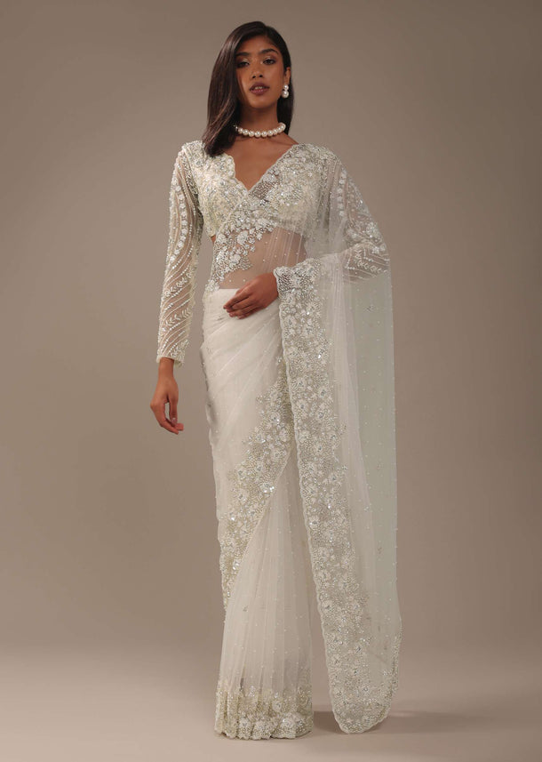 Pearl White Heavily Embroidered Net Saree