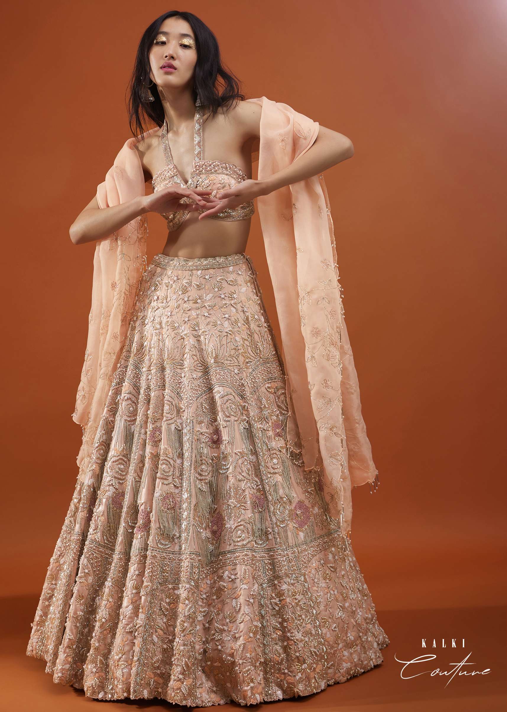 Powder Pink Festive Silver Pink Bela Lehenga Set In Embroidery And Halter Blouse - NOOR 2022