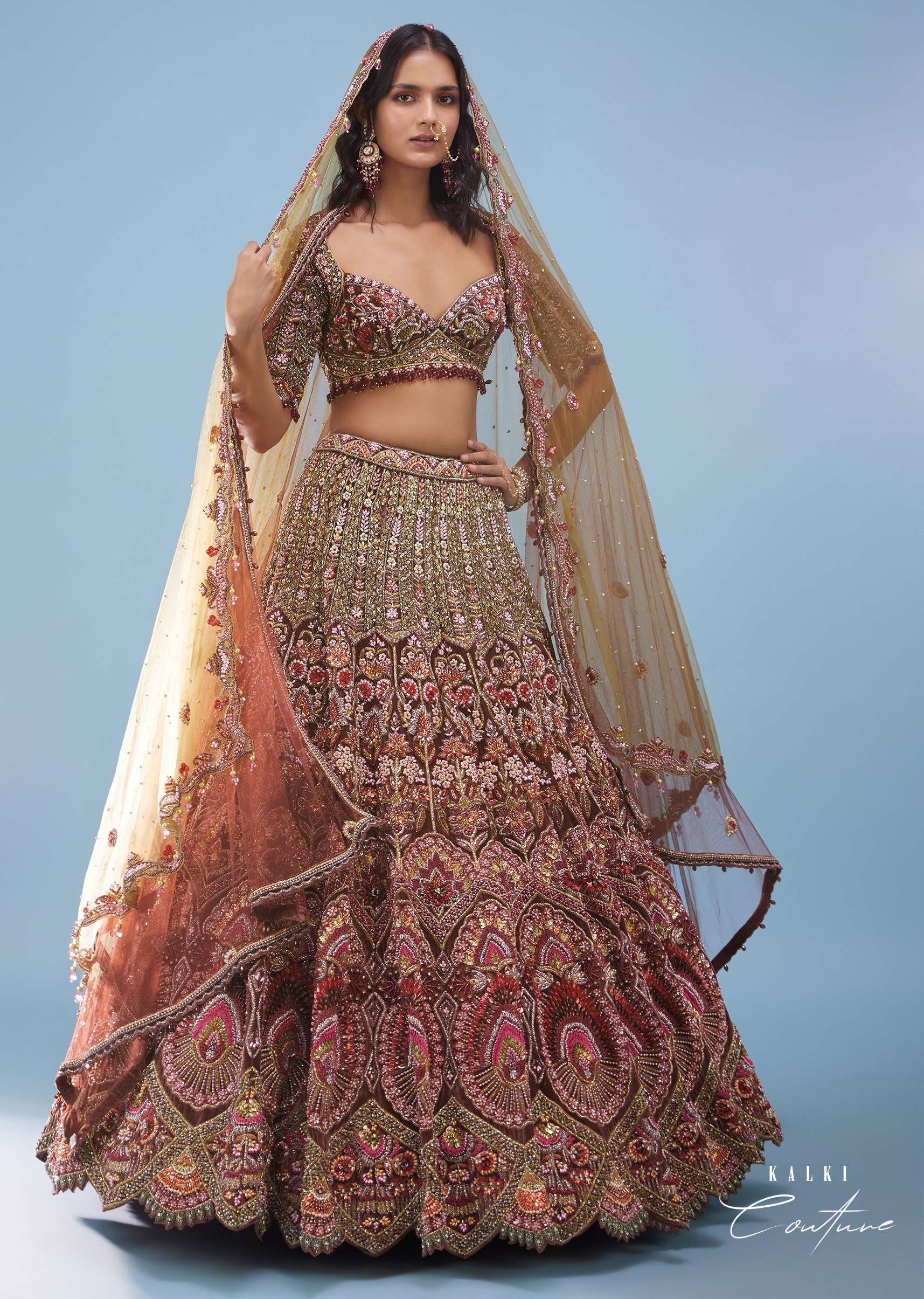 Chocolate Brown Maharani Bridal Lehenga In Velvet With Heavy Floral Embroidery - NOOR 2022