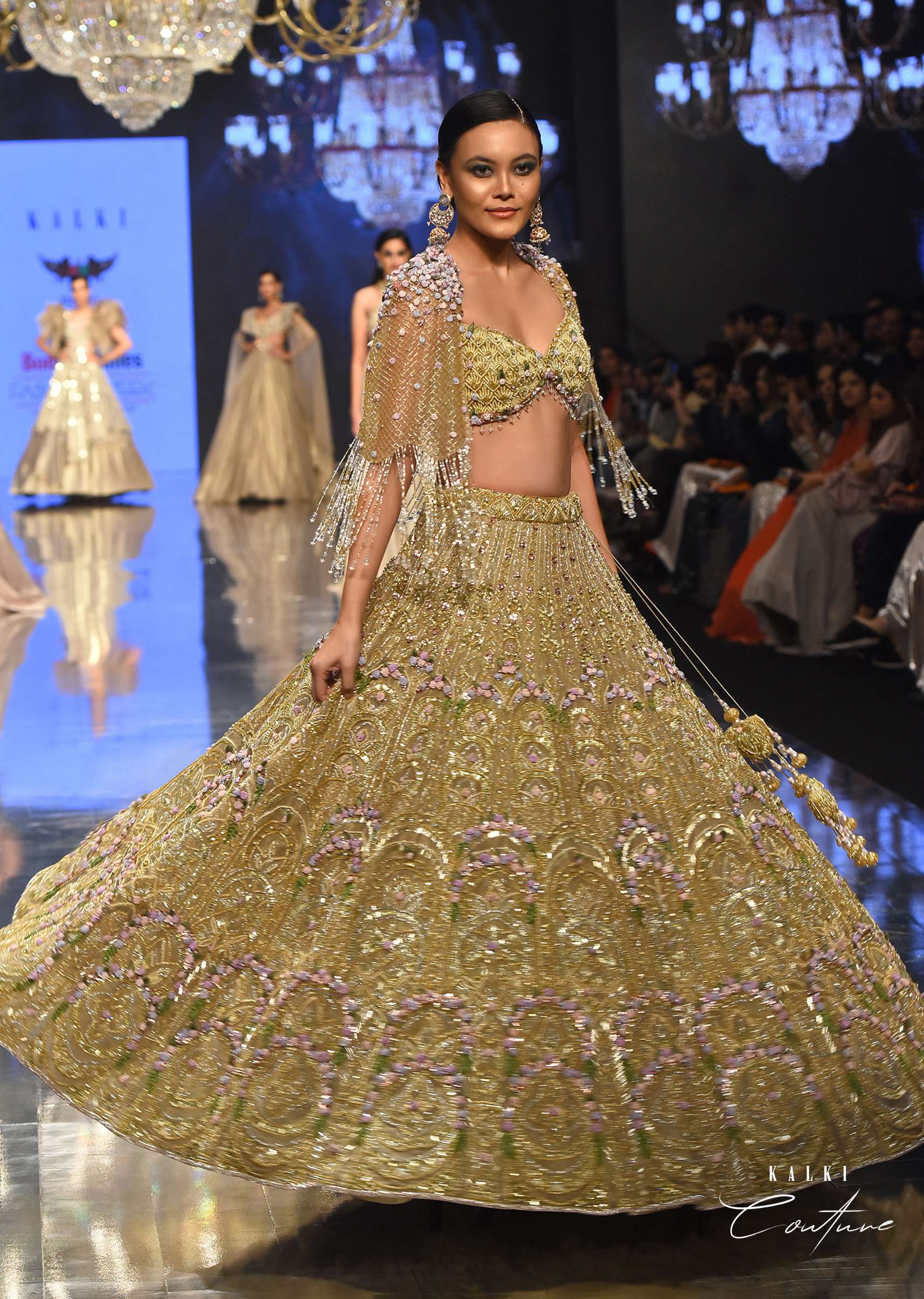 Gold Toned Bridal Naziaa Beige Lehenga With 3D FLoral Embroidery And An Embroidered Shoulder Rest- NOOR 2022