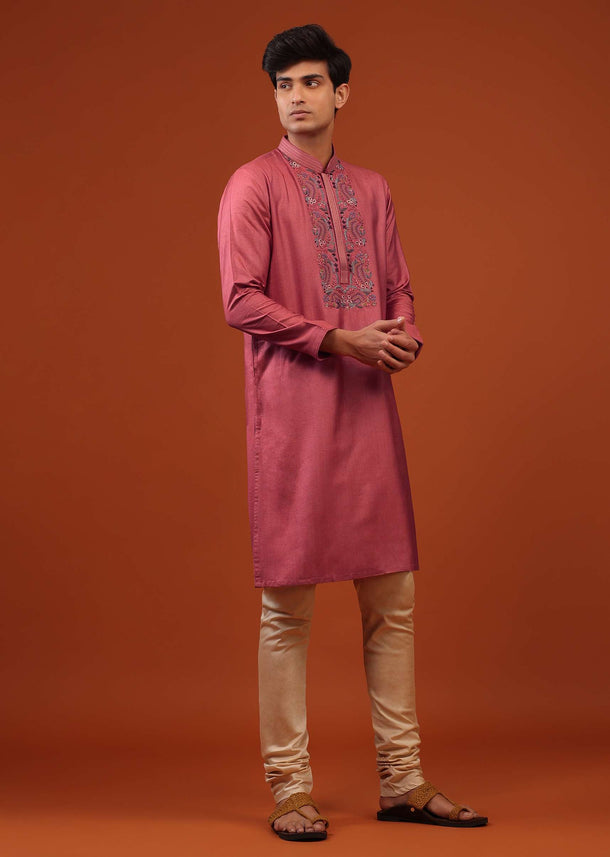 Fuchsia Pink Thread Woven Kurta Set In Cotton Silk