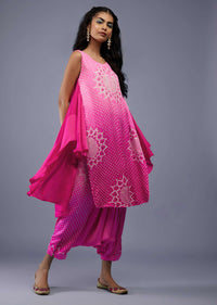 Ombre Fuschia Pink Bandhani Tunic Top In Gajji Silk With Printed Silk Cowl Dhoti