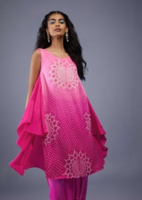 Ombre Fuschia Pink Bandhani Tunic Top In Gajji Silk With Printed Silk Cowl Dhoti