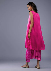 Ombre Fuschia Pink Bandhani Tunic Top In Gajji Silk With Printed Silk Cowl Dhoti