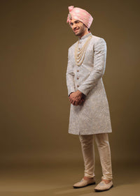 Powder Blue Silk Sherwani Set In Zari And Sequins Embroidery