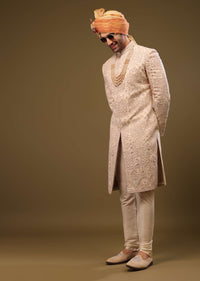 Salmon Pink Embroidered Silk Sherwani Set