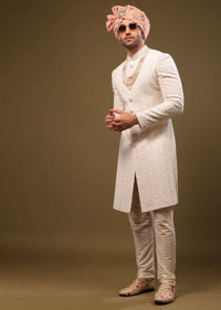 Nude White Lucknowi Sherwani Set In Zari And Cut-dana