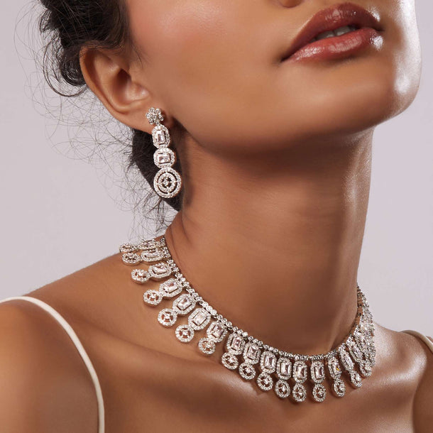 Silver Diamond Necklace Set