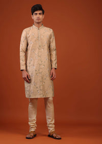 Beige Brown Floral Embroidered Silk Kurta Set