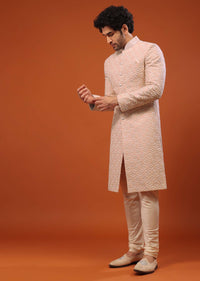 Powder Pink Thread And Mirror Embroidered Sherwani Set In Tussar Silk