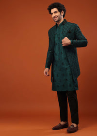 Deep Green Tussar Silk Embroidered In Mirror And Thread Weave Sherwani Set