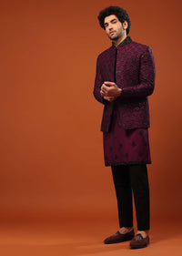 Wine Purple Tussar Silk Sherwani Set Embroidered In Thread And Mirrorwork