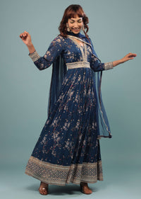 Indigo Blue Embroidered Anarkali Suit With Floral Print In Georgette