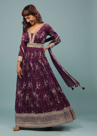 Grape Purple Embroidered Anarkali Suit With Floral Print In Georgette