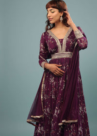 Grape Purple Embroidered Anarkali Suit With Floral Print In Georgette