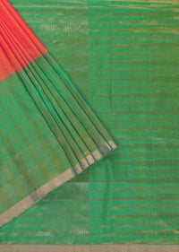 Coral Orange And Jade Green Silk Saree With Zari Weave And Unstitched Blouse