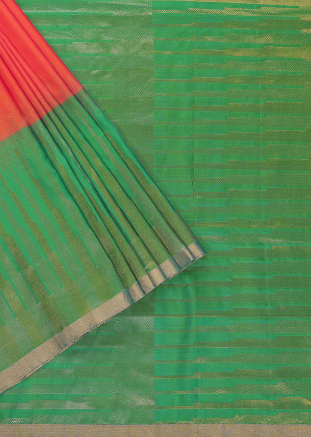 Coral Orange And Jade Green Silk Saree With Zari Weave And Unstitched Blouse