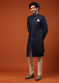 Navy Blue Mirror And Thread Embroidered Sherwani Set In Silk