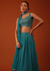 Peacock Blue Bandhani Printed Lehenga And Blouse Set In Georgette