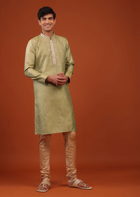 Moss Green Floral Thread Weave Silk Kurta Set