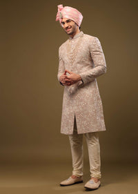 Tan Brown Silk Sherwani Set In Zari And Sequins Embroidery