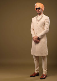 Beige Lucknowi Sherwani Set With Thread And Zari Embroidery